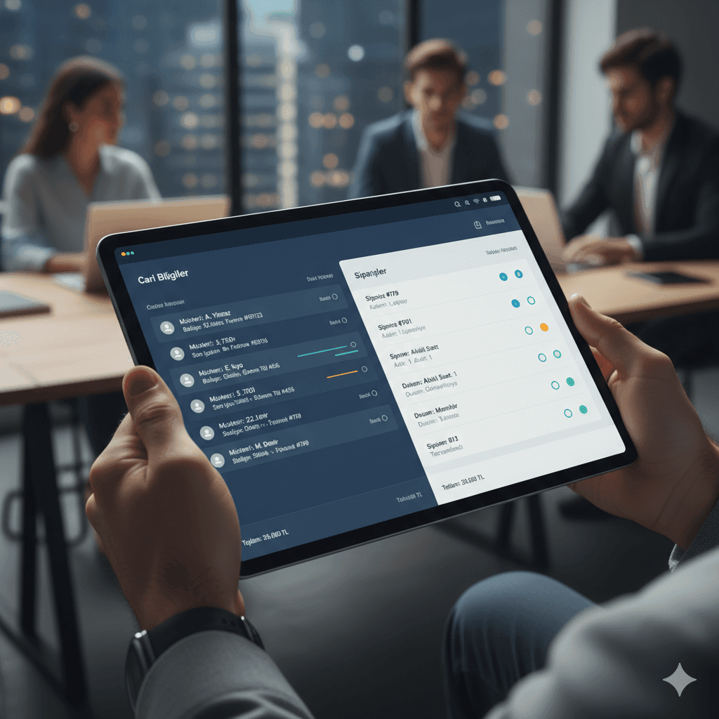 “Tablet üzerinden satış ve tahsilat uygulaması kullanan işletme çalışanı”