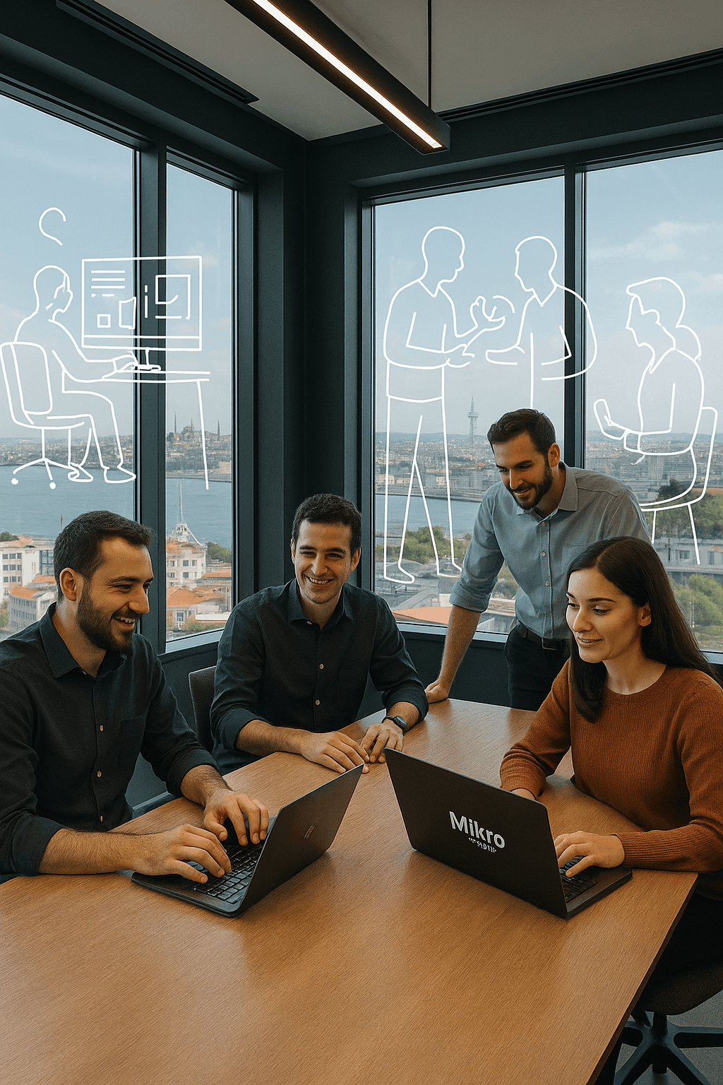 “Mobil şirket yönetimi uygulaması kullanan yöneticiler toplantı masasında”