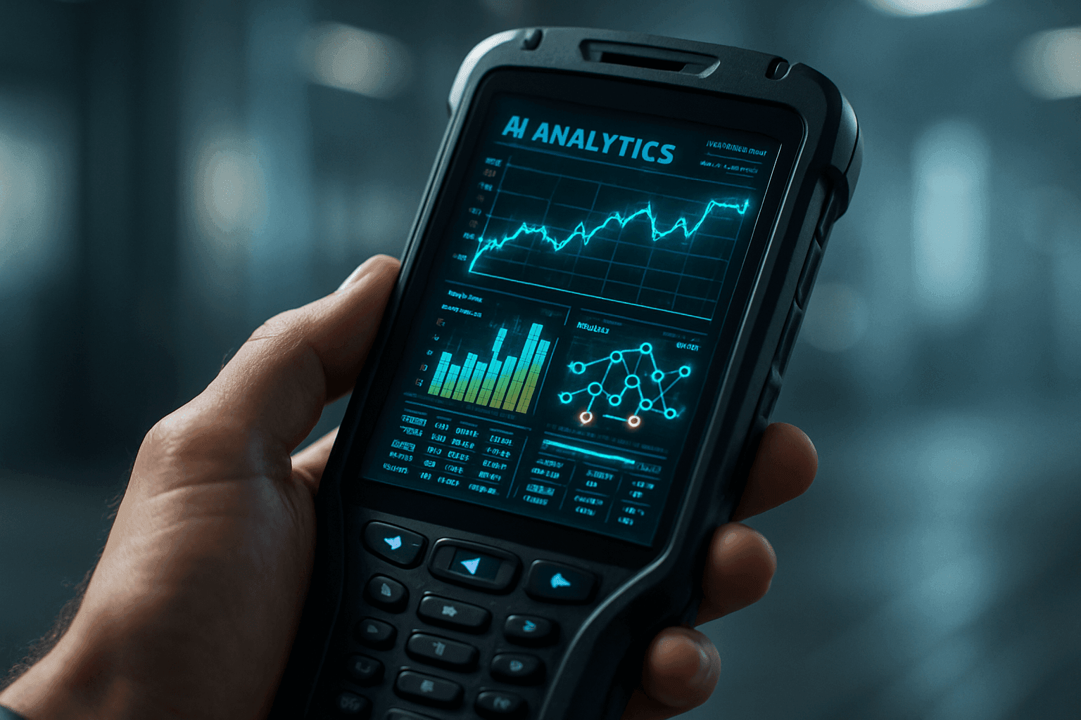 “El terminali ile stok sayımı yapan personel – mobil stok takip uygulaması”