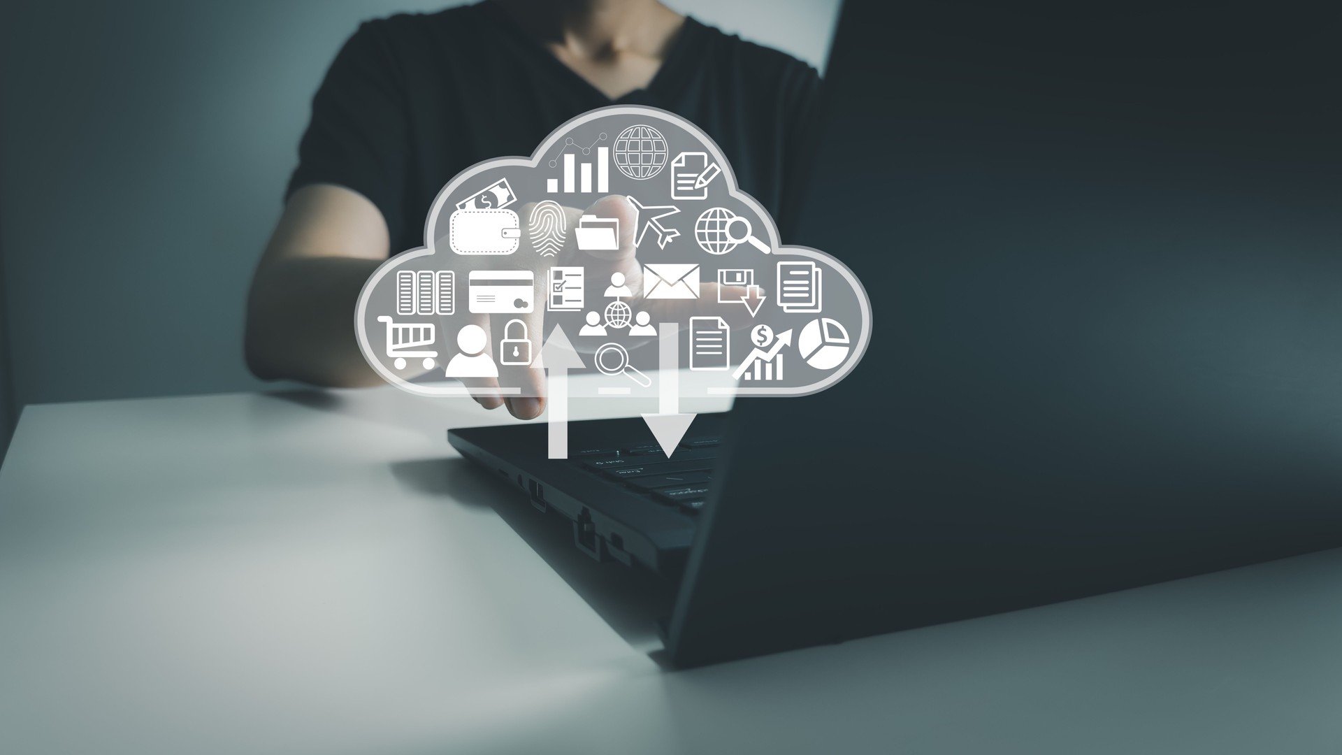 Document Management System, Officer using laptop manage files, Online document database management, automated processes to manage system, ERP enterprise efficient, business technology