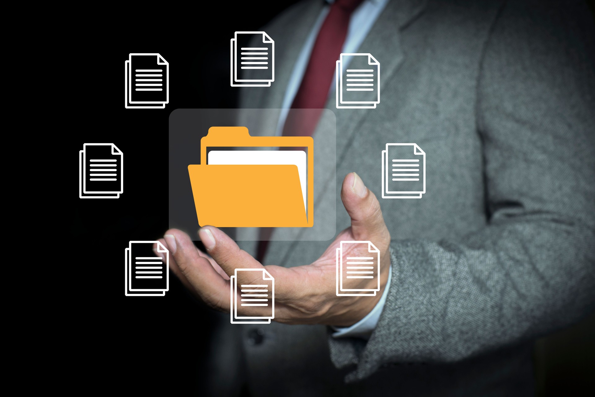 Document management system (DMS), Enterprise Resource Planning ERP. database on computer to store files document data digital. file storage process with security. information technology concept.